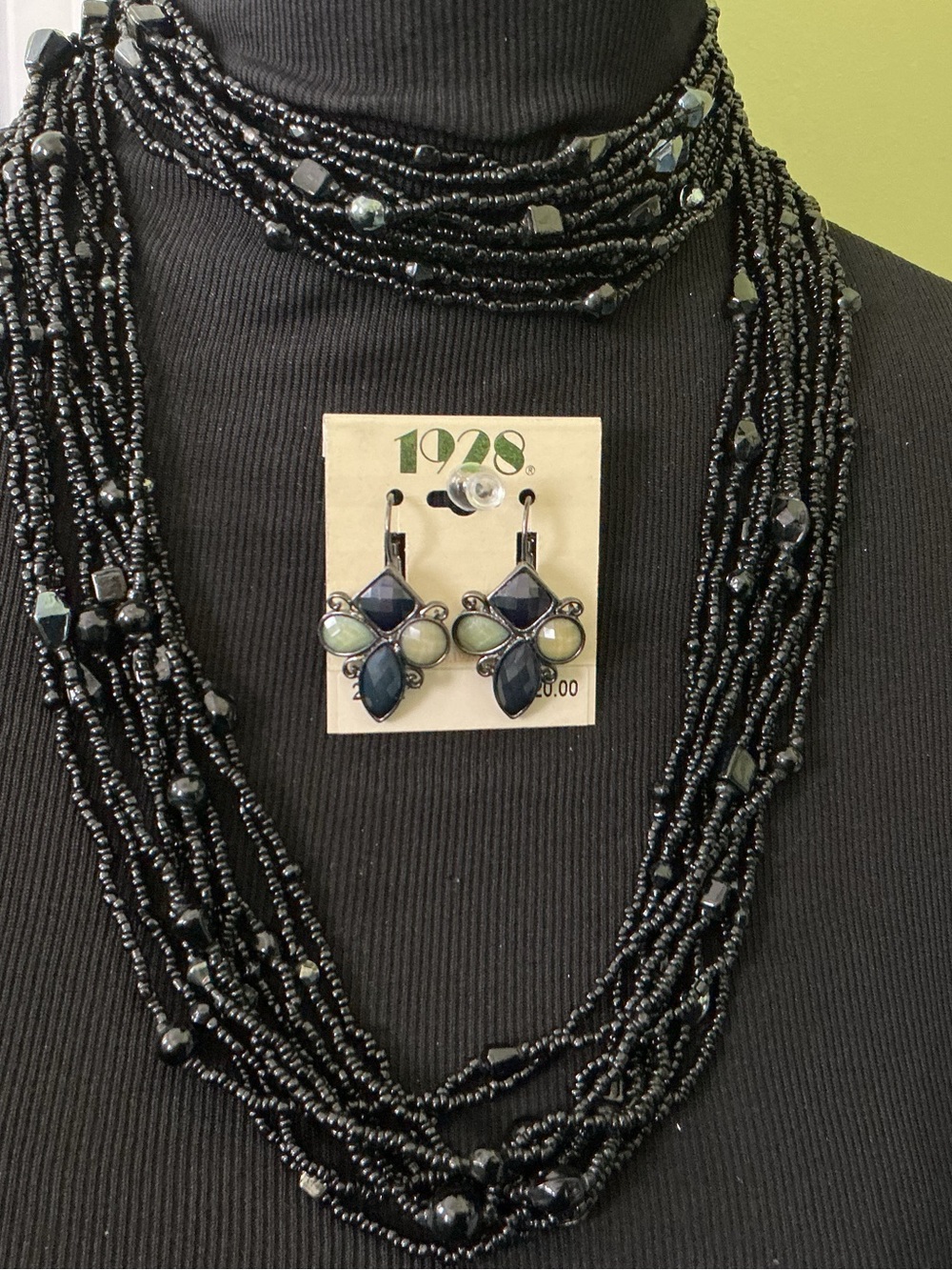 NWT 1928 Black/Green Glass Stone Earrings/20-Strand Seed Bead Marcasite Necklace